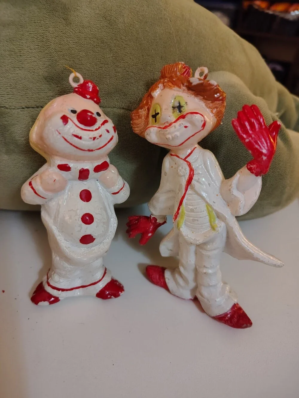 Pair of vintage plastic blow mold clown Christmas ornaments